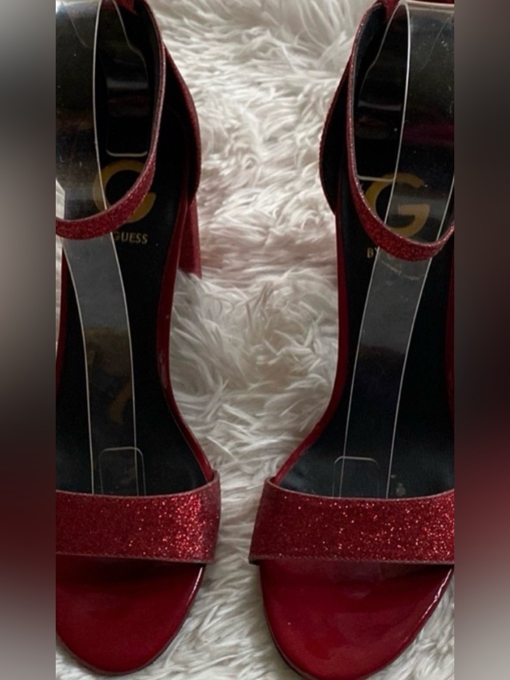 Guess vibrant red stacked heels shimmer sandals